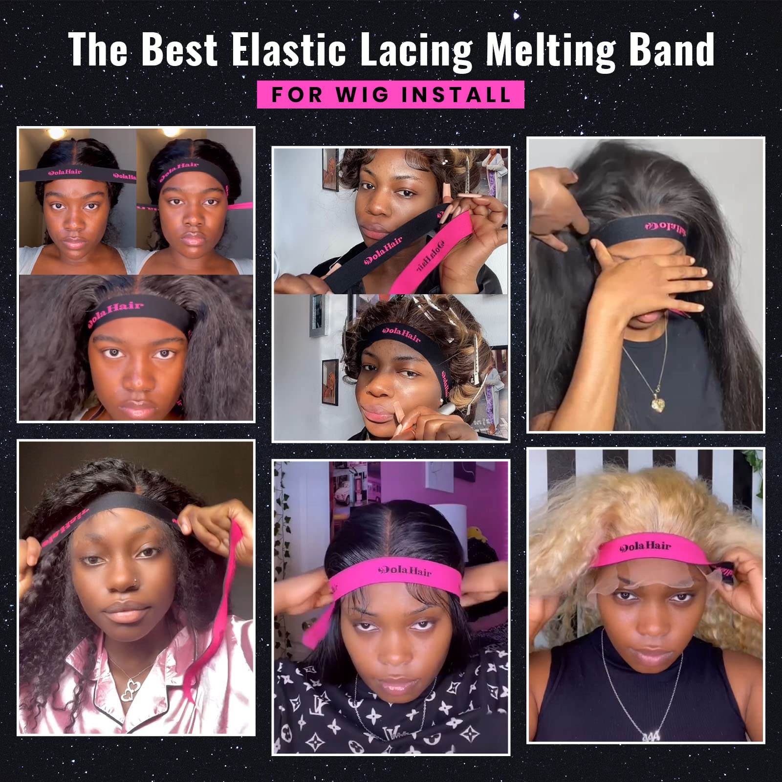 Dolahair elastic band with Velcro strap for secure edges.