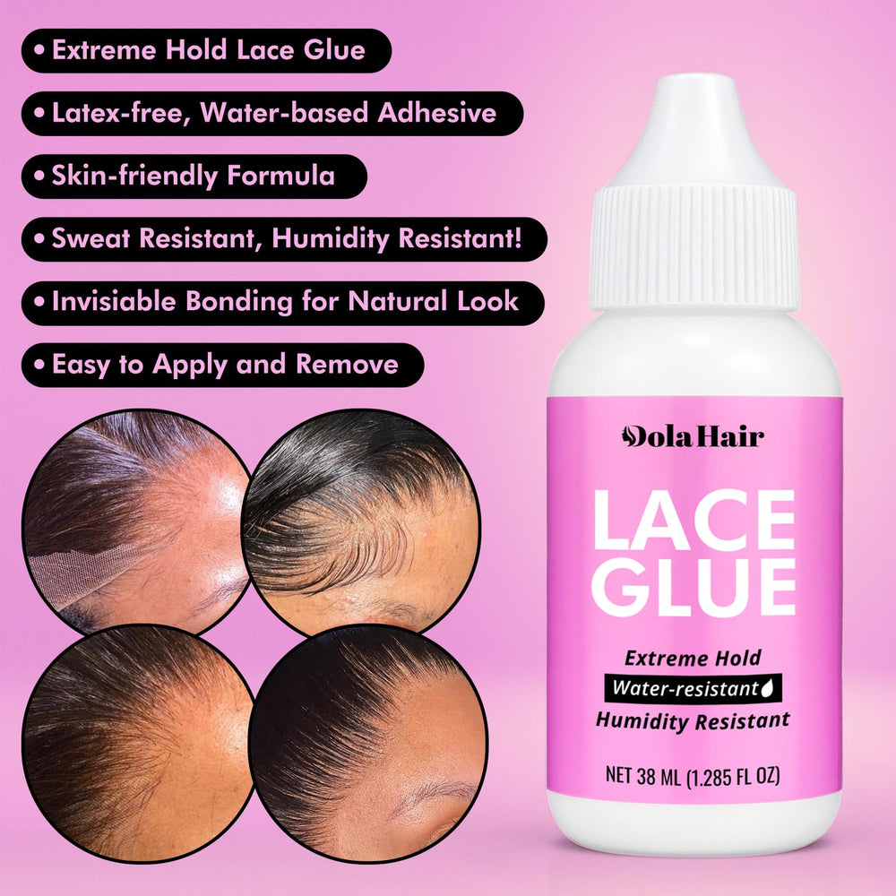 Dolahair kit flatlay shows lace front wig install in progress.