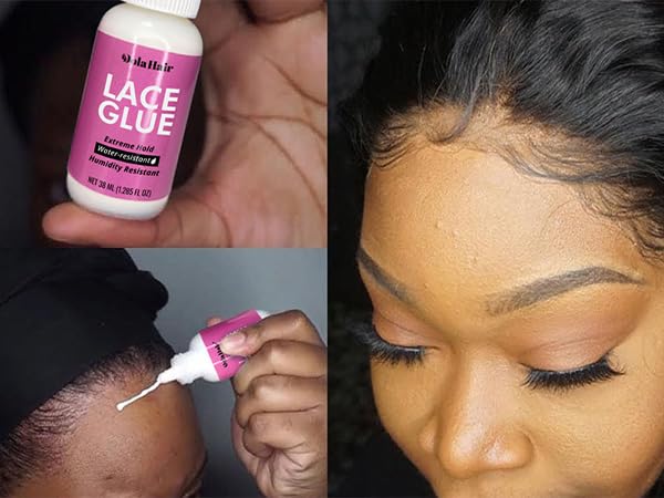 Dolahair lace glue being applied in thin layers for adherence.