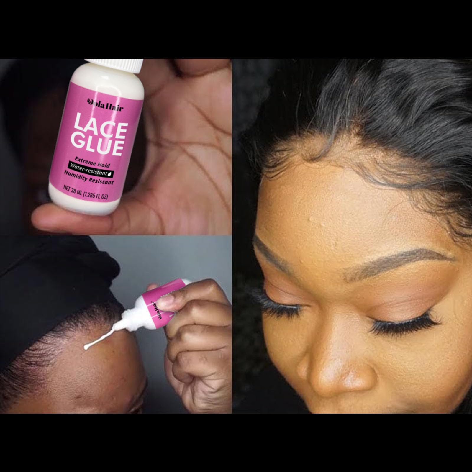 Dolahair water-based formula label emphasizing skin-friendly adhesive.