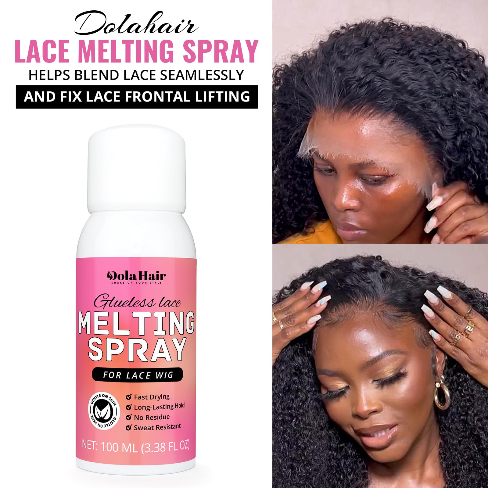 Dolahair lace melting spray bottle demonstrating seamless lace blending.