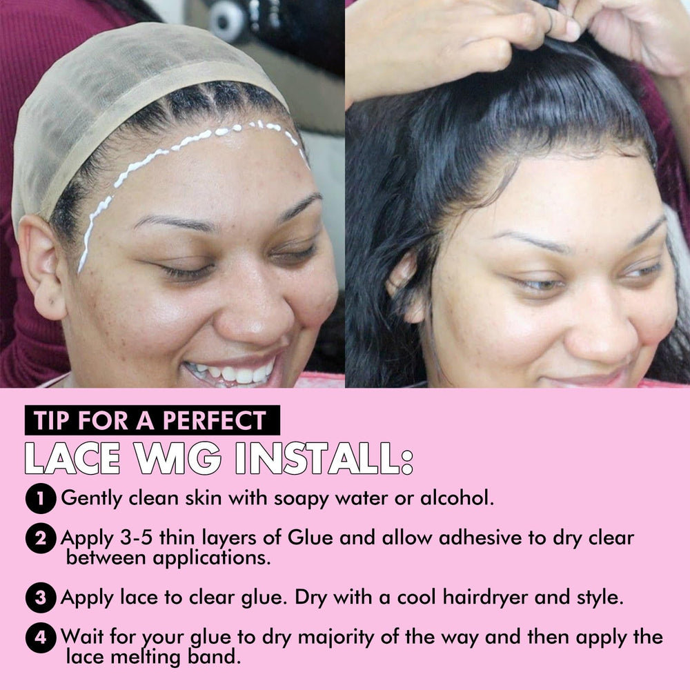 Dolahair lace wig glue application close-up shows precise layer prep