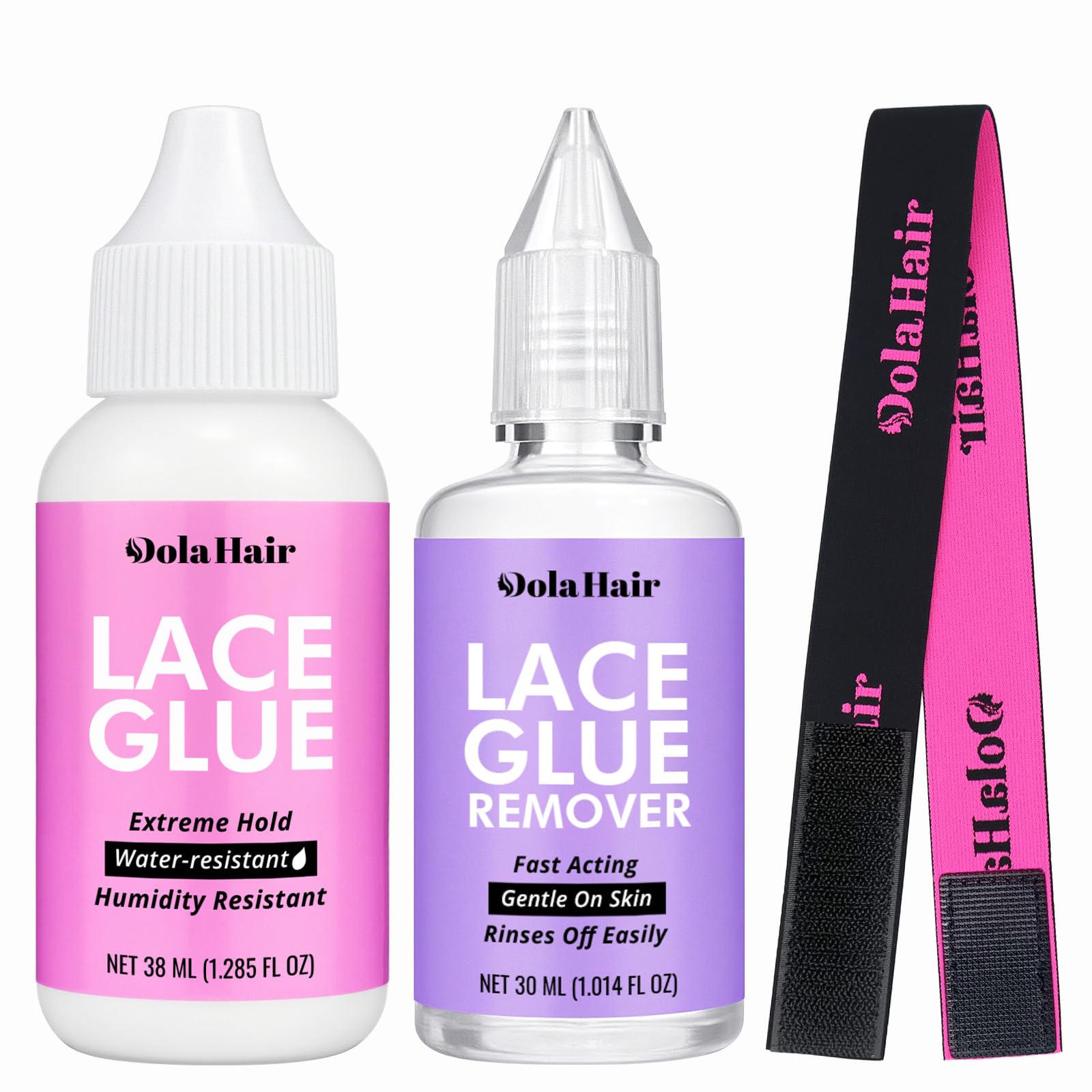 Dolahair lace wig glue bottle close-up shows secure hold for natural results.