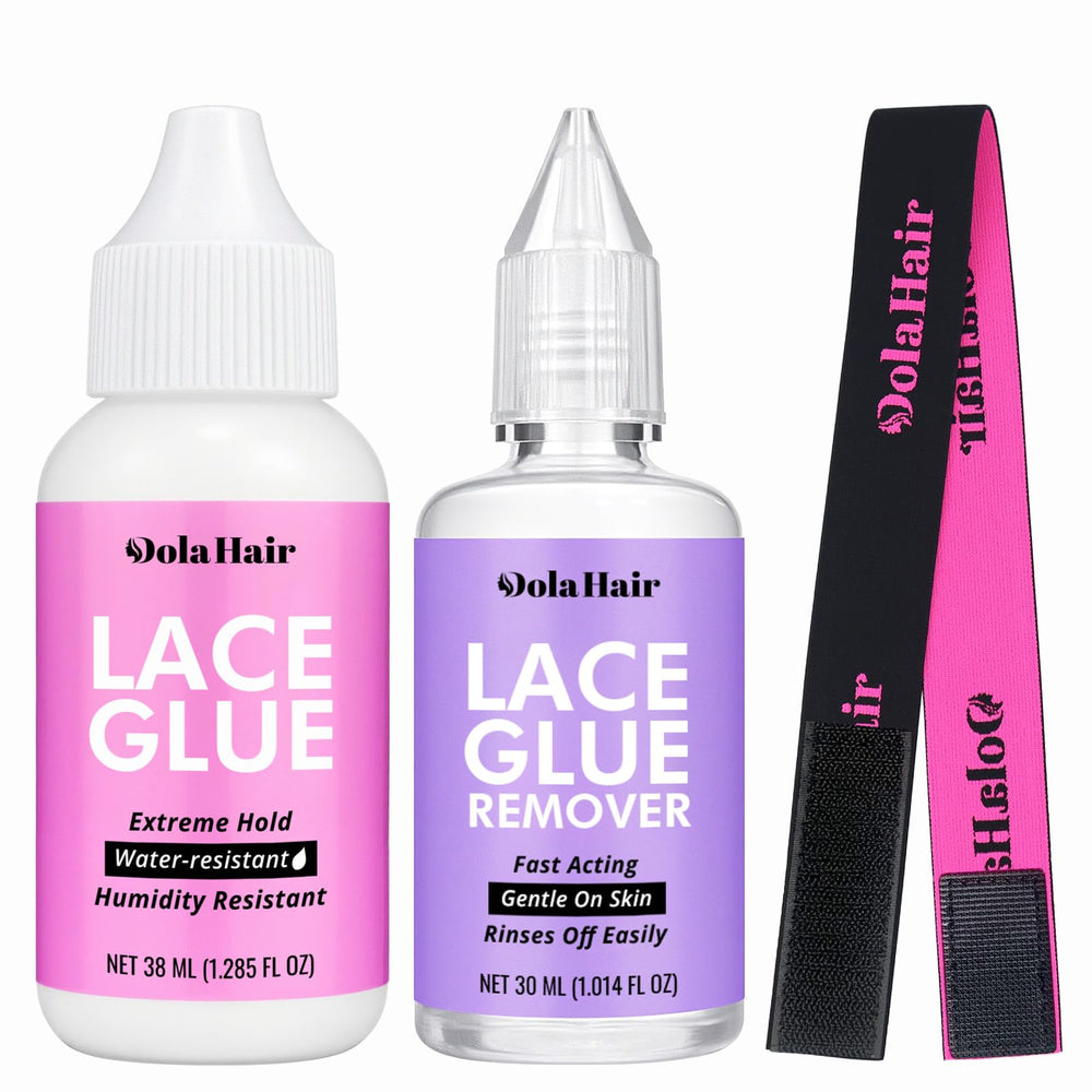 Dolahair lace wig glue bottle close-up shows secure hold for natural results.