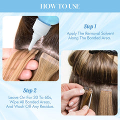 Dolahair Tape-in Remover applied at the application point on extensions.