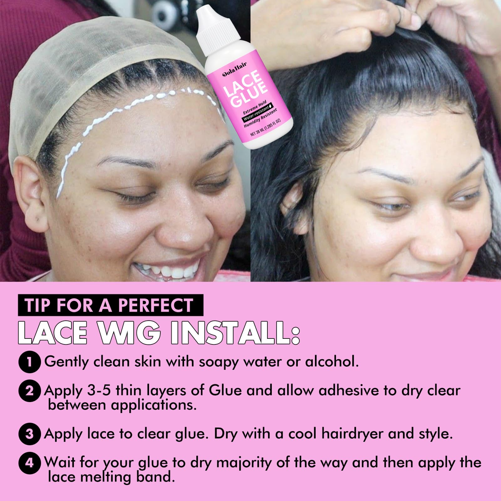 Dolahair Wig Glue applied for a discreet, secure hold.