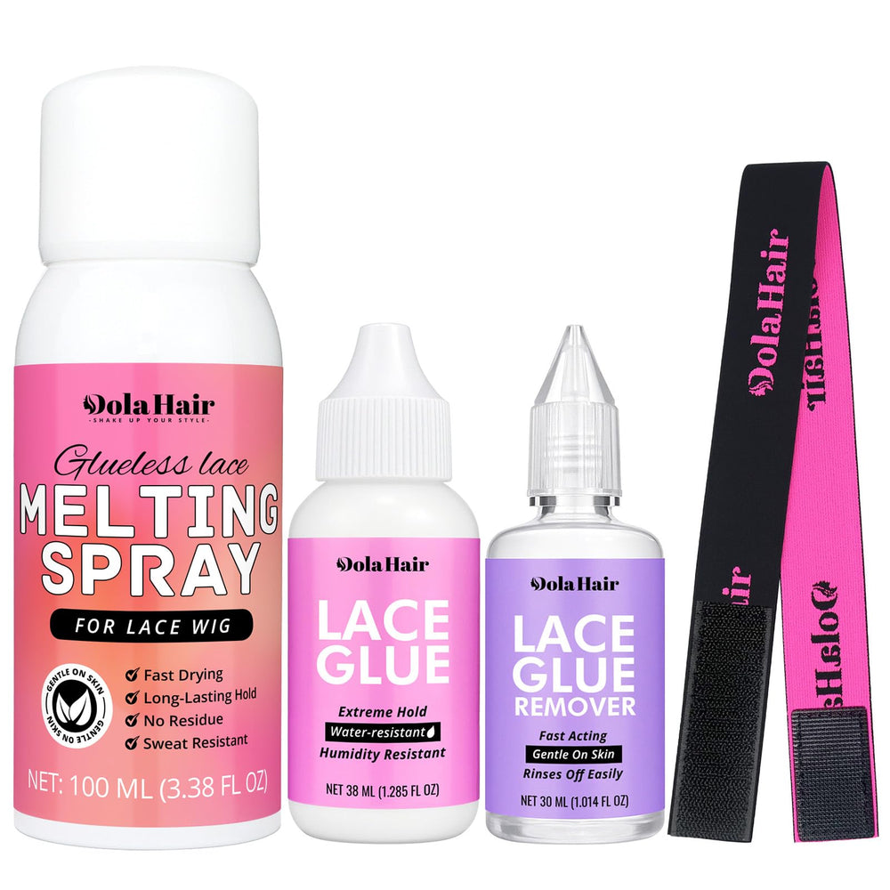 Dolahair wig glue spray on front lace for secure, natural look.