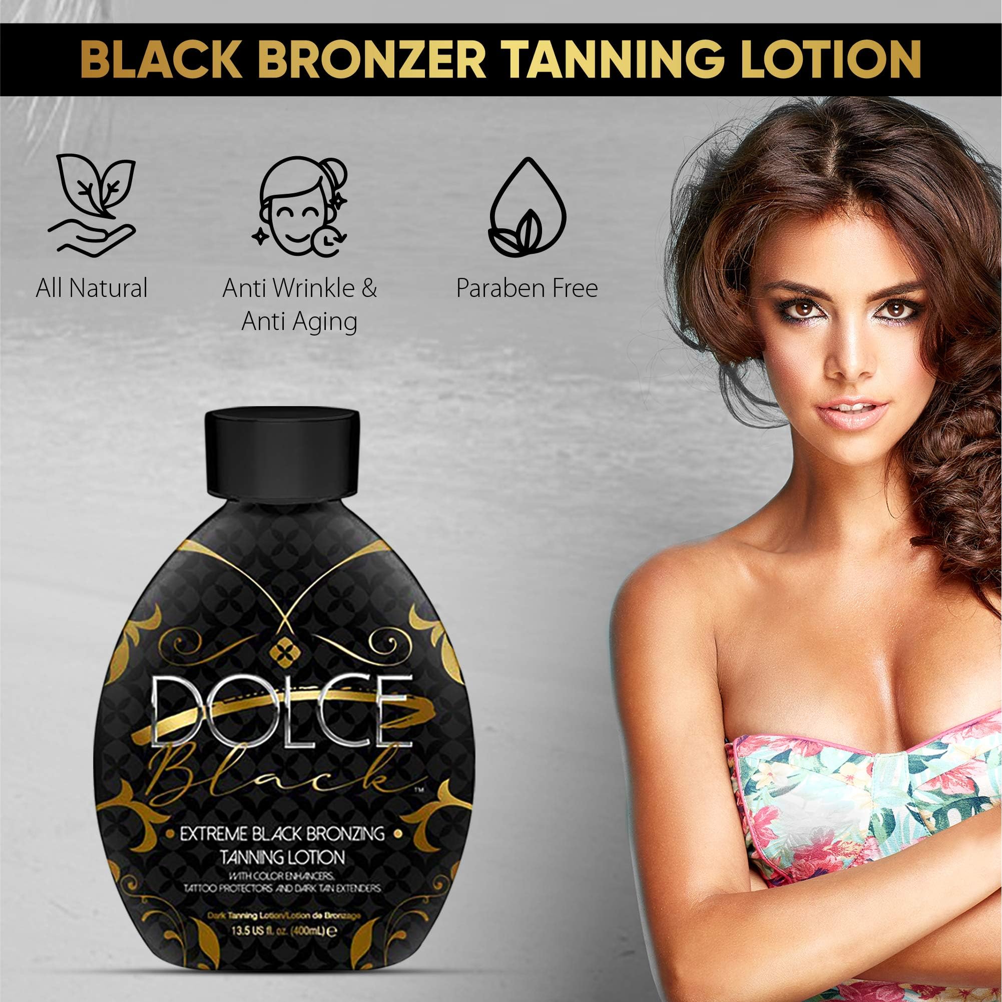 Dolce Black tattoo color fade protection highlights vibrant ink while tanning.