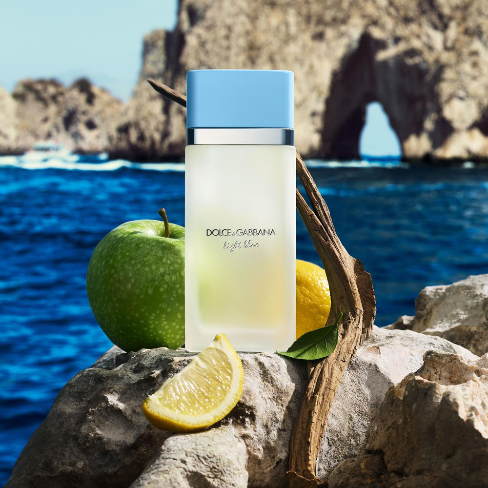 Dolce & Gabbana Light Blue bottle label close-up showing Capri-inspired design.