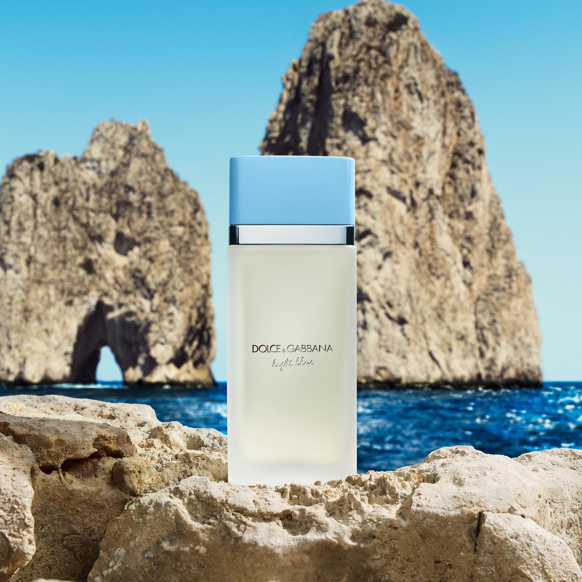 Dolce & Gabbana Light Blue liquid inside bottle, turquoise hue.
