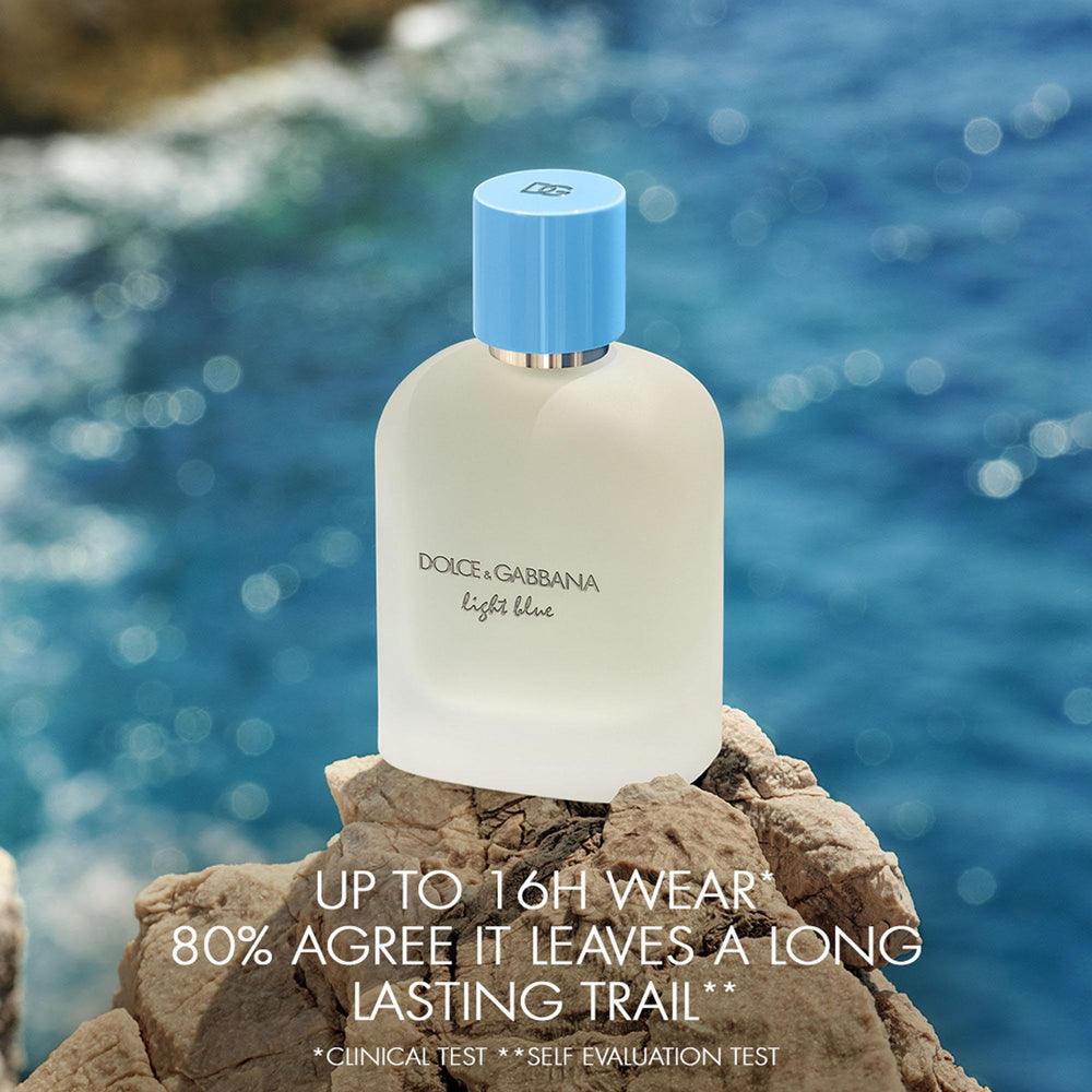 Dolce&Gabbana Light Blue Pour Homme label close-up, highlights refined branding and craftsmanship.
