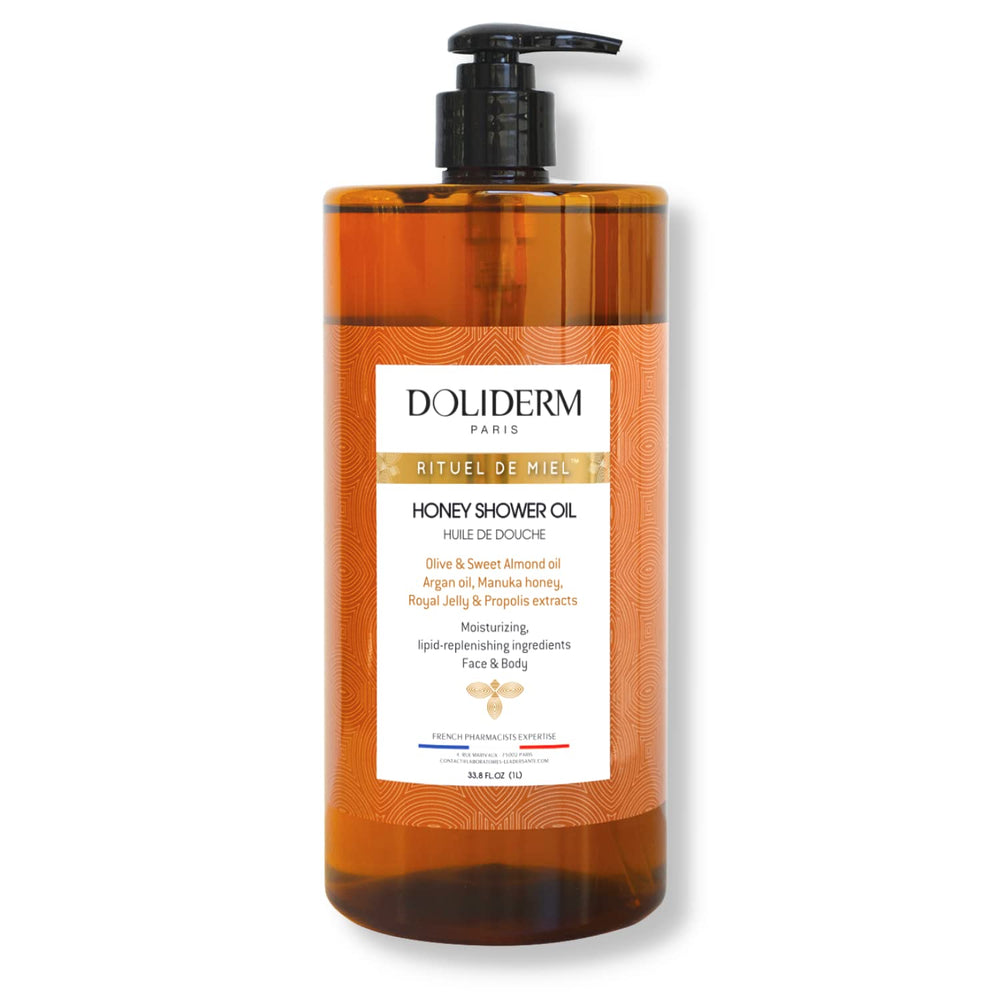 Doliderm Paris Honey Shower Oil bottle shows luxurious hydration for the skin.