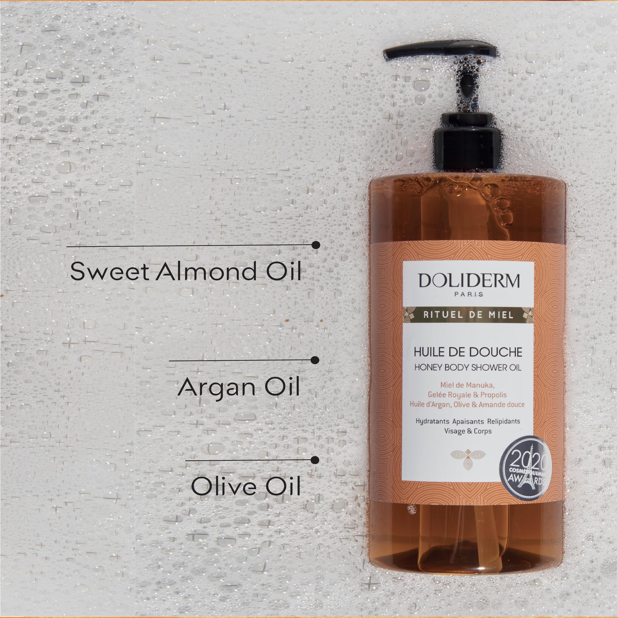 Doliderm Paris Honey Shower Oil ingredients highlight Manuka honey and propolis for hydration.