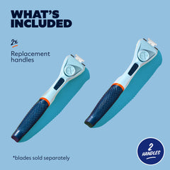 Dollar Shave Club blue handle with 360-degree diamond grip for secure grip in wet conditions.