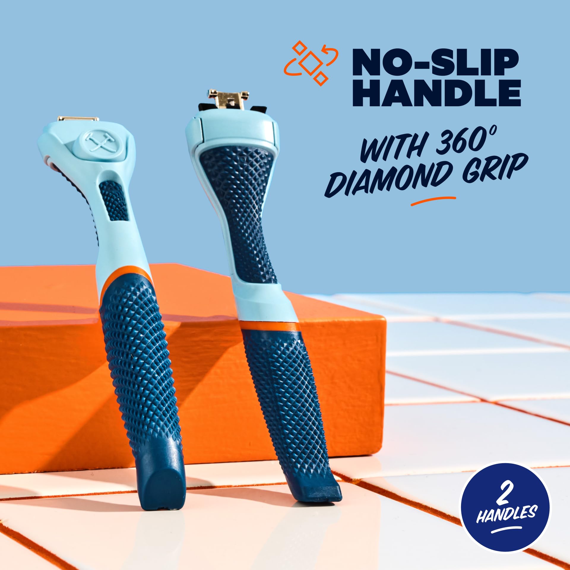 Dollar Shave Club blue handle features reliable in-shower grip for comfortable use.