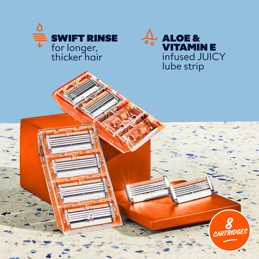 Dollar Shave Club Four Blade Refills offer sharper performance at a wallet-friendly price.