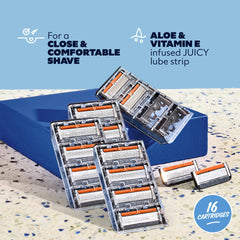 Dollar Shave Club juicy lubricant-strip close-up highlighting smooth glide during shaving.