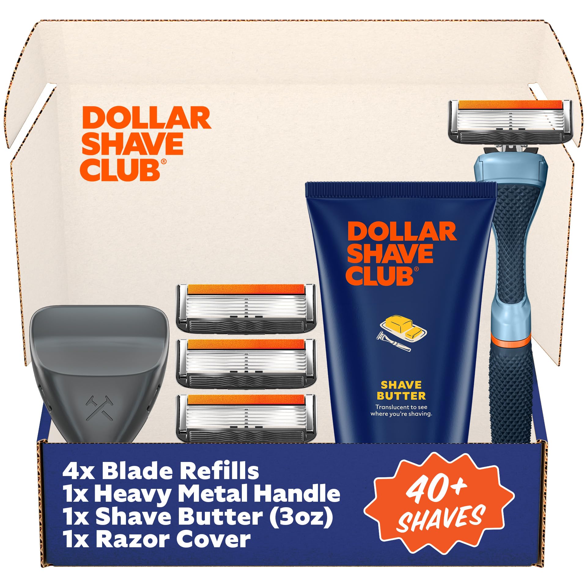 Dollar Shave Club member-exclusive shave set with blue handle for an ergonomic grip.