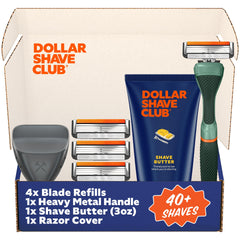 Dollar Shave Club member-exclusive shave set overview showing a complete kit for streamlined grooming.