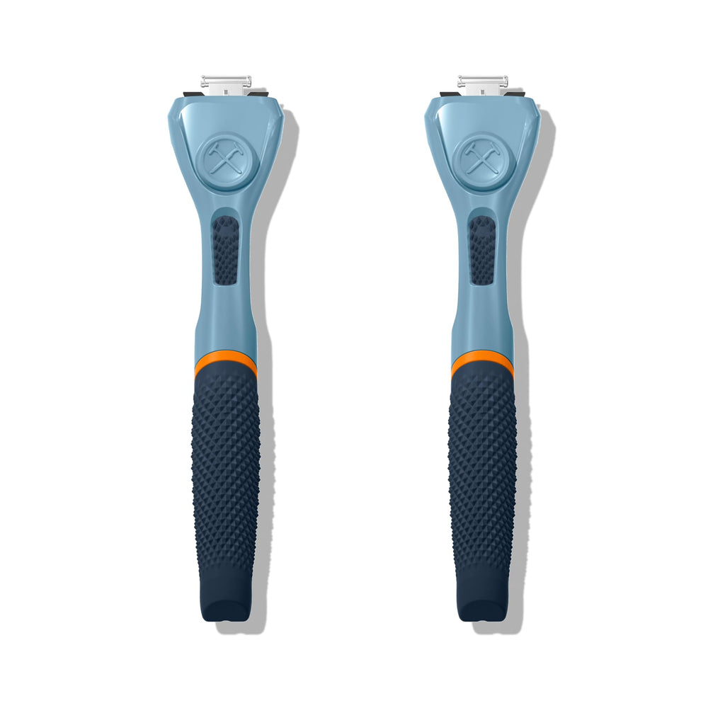 Dollar Shave Club blue razor handle 2-pack for easy replacements.