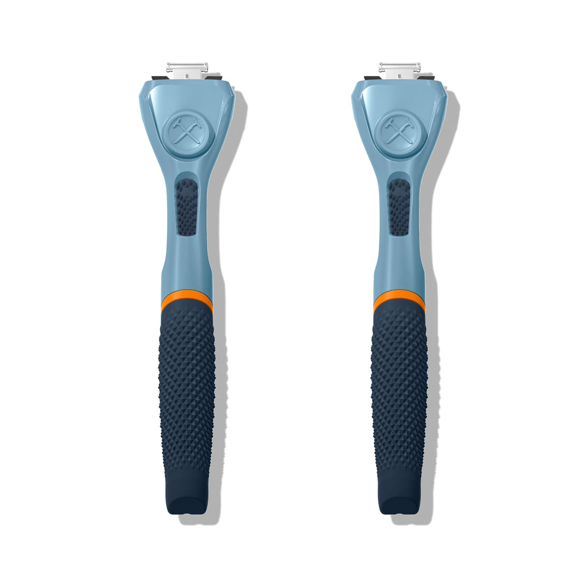 Dollar Shave Club blue razor handle 2-pack for easy replacements.