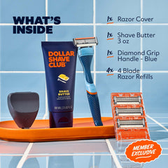 Dollar Shave Club four blade refills designed for easy rinsing through thick hair