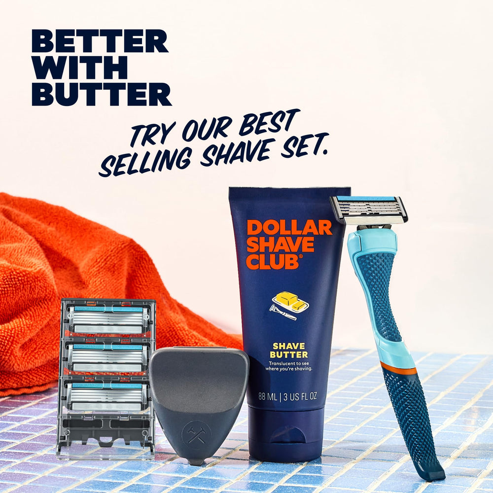 Dollar Shave Club Shave Butter packaging on sink, ready for daily grooming.