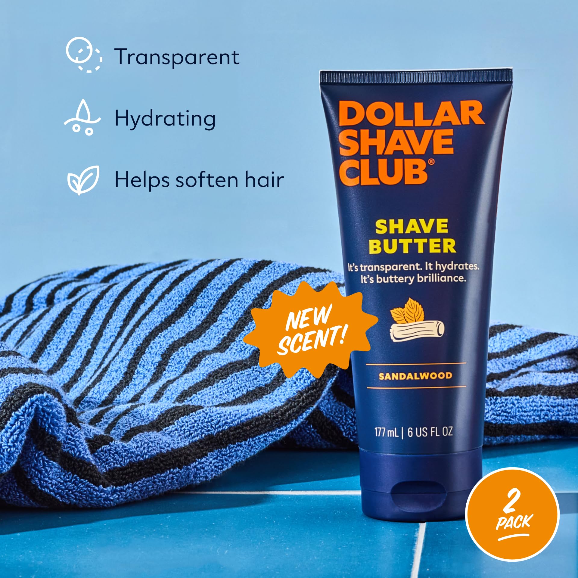 Dollar Shave Club Shave Butter sandalwood fragrance enhances the grooming experience.