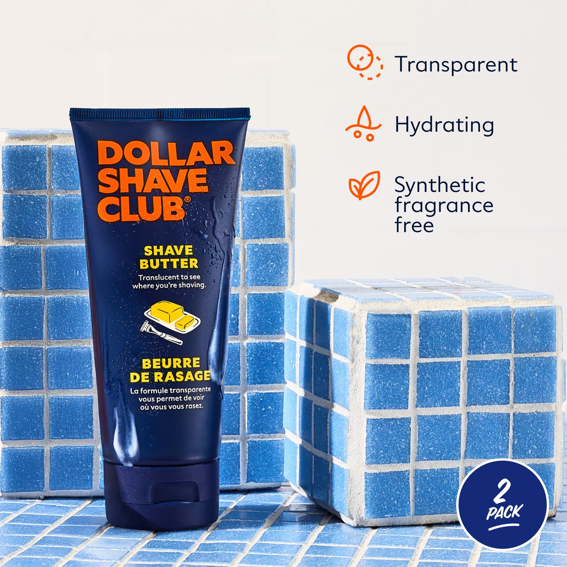 Dollar Shave Club Shave Butter translucent formula highlighted for visible shaving guidance.