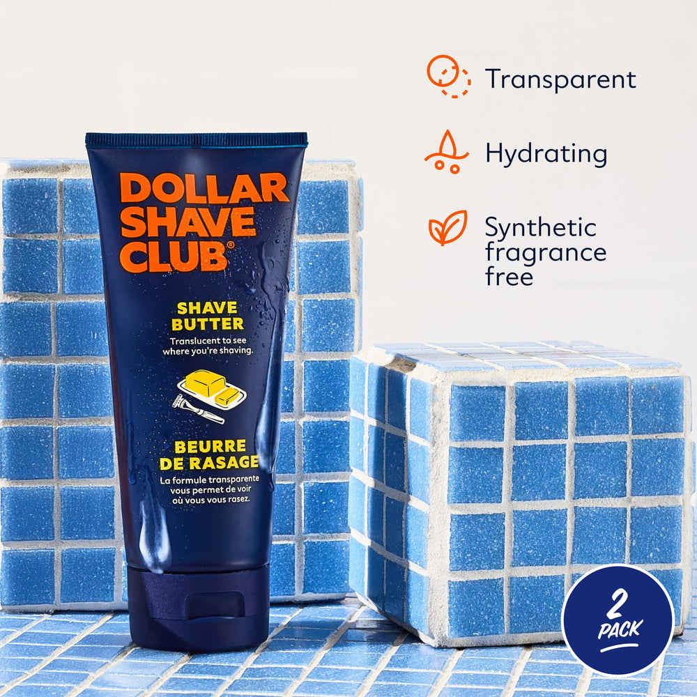 Dollar Shave Club Shave Butter translucent formula highlighted for visible shaving guidance.
