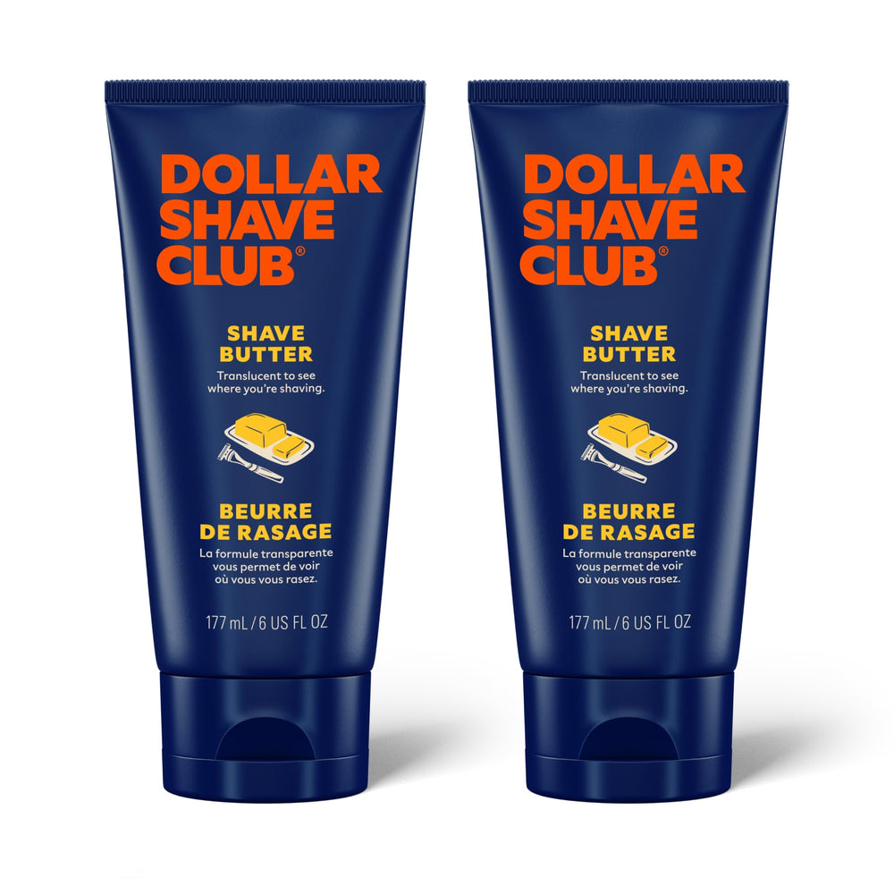 Dollar Shave Club Shave Butter two-pack box on a bathroom shelf for precise shaving.