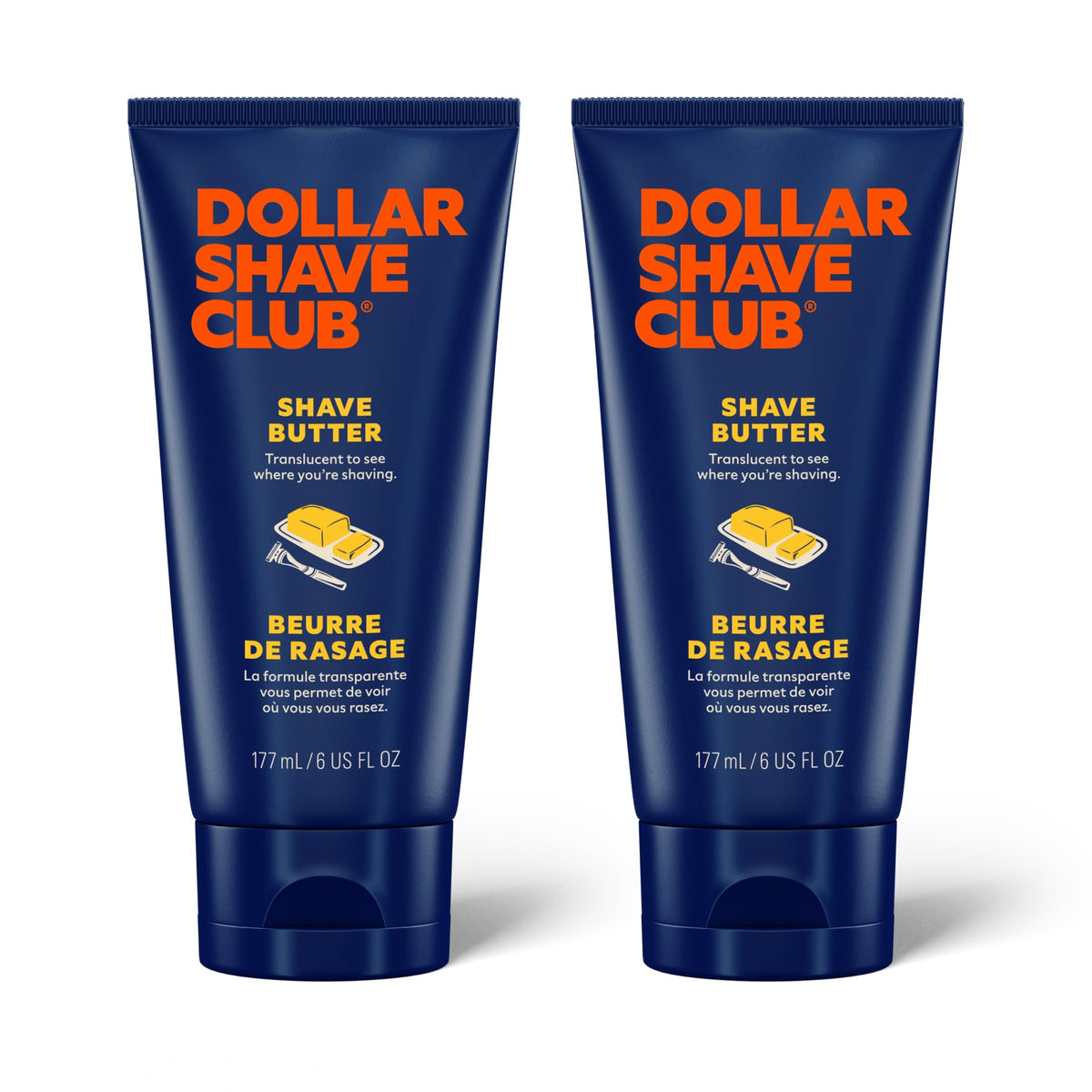 Dollar Shave Club Shave Butter two-pack box on a bathroom shelf for precise shaving.