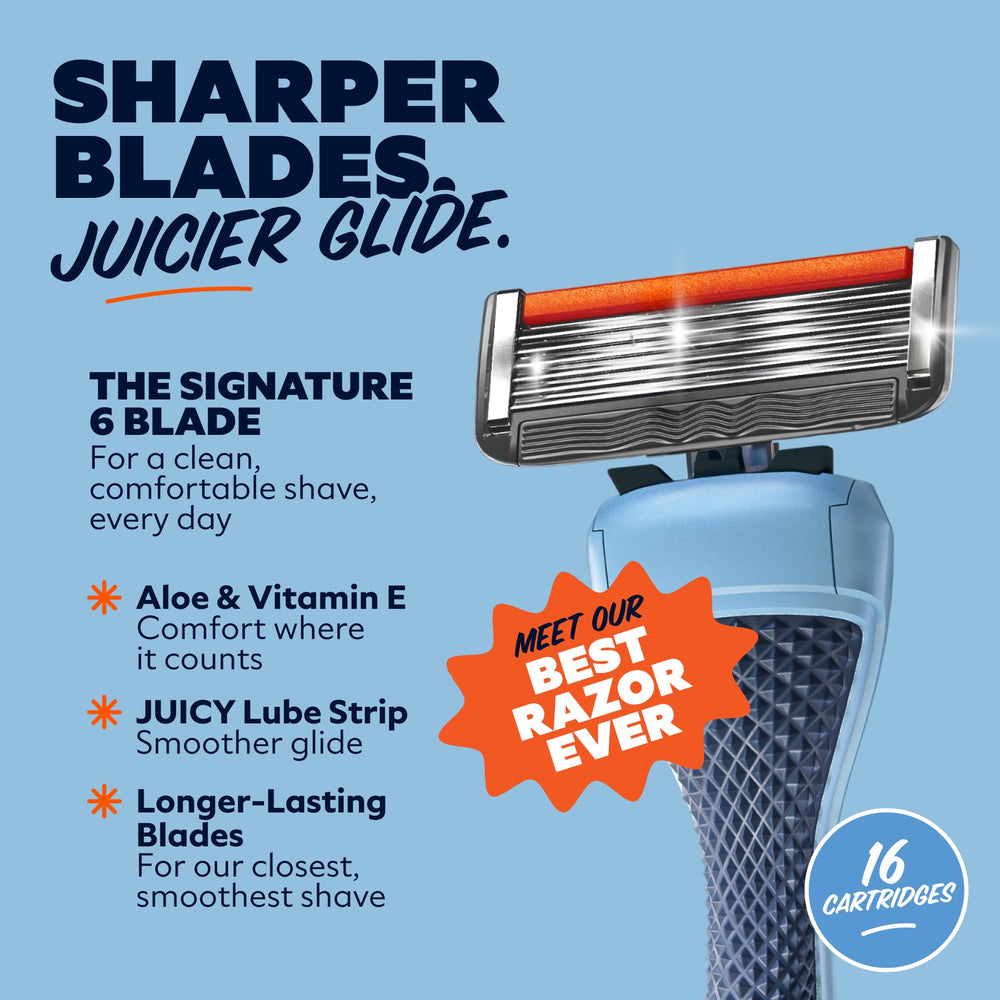 Dollar Shave Club stainless steel blades close-up emphasizing durability and sharpness.