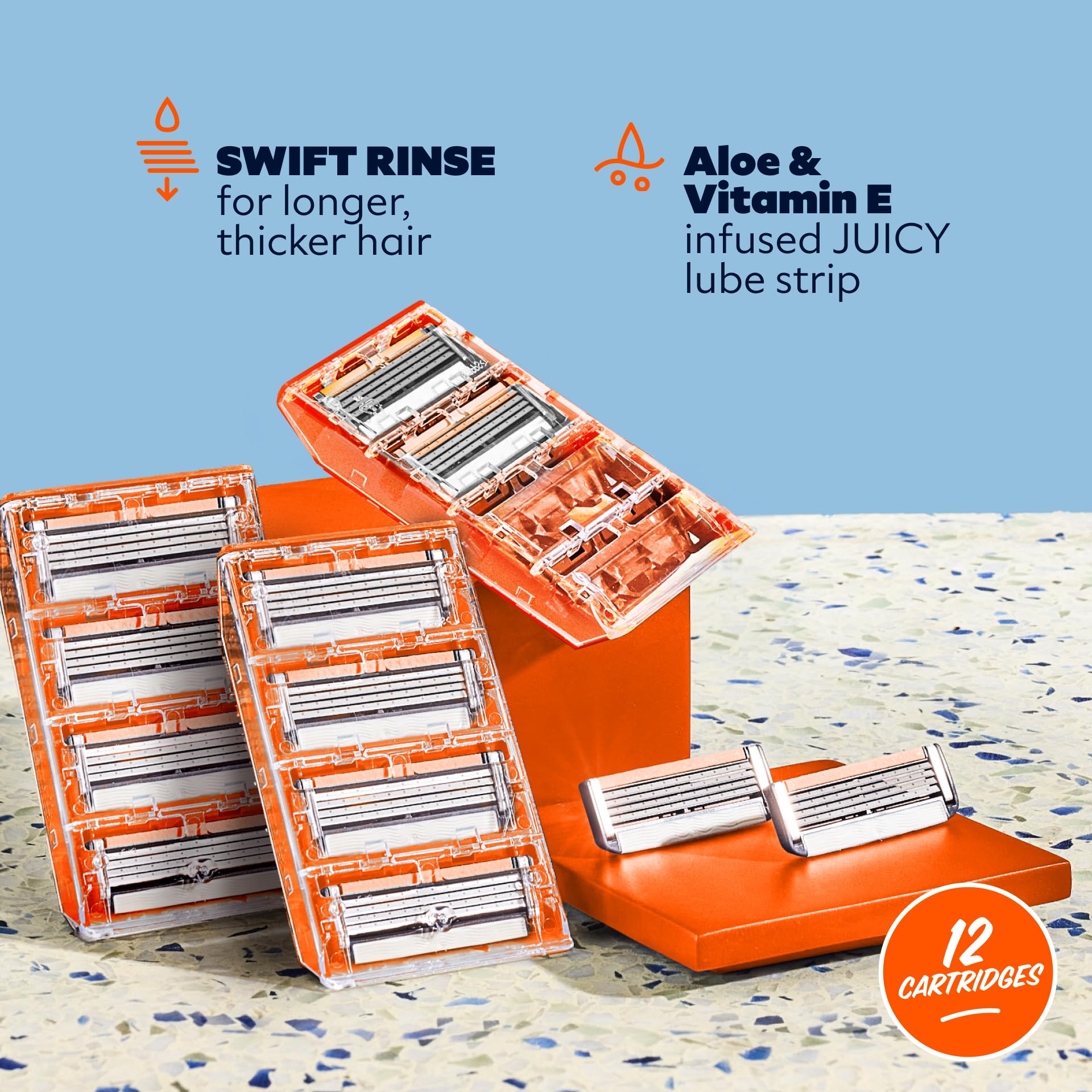 Close-up of Dollar Shave Club Swift Rinse blades showing four blades for precise cuts