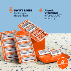 Close-up of Dollar Shave Club Swift Rinse blades showing four blades for precise cuts