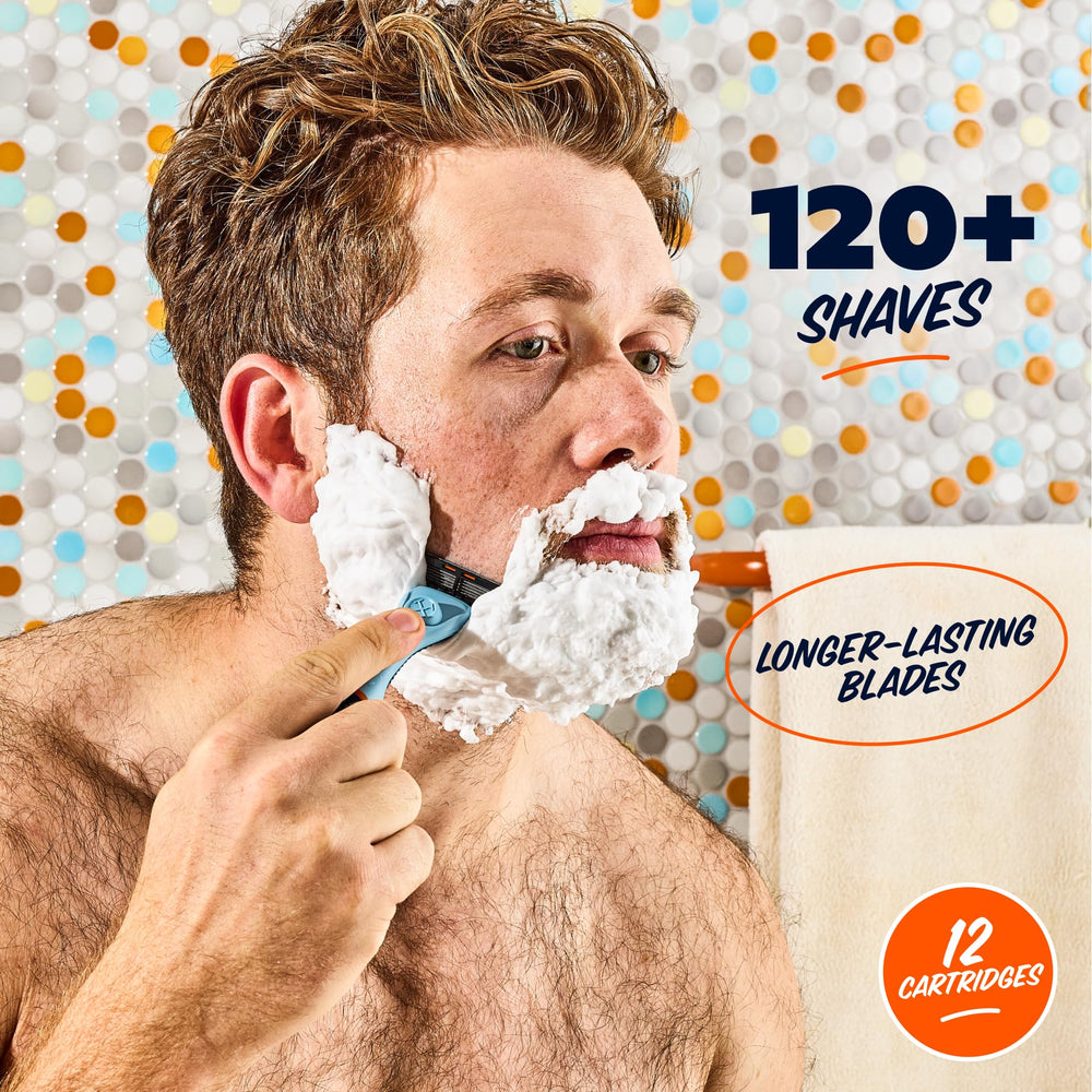 Swift Rinse blades pack on sink for quick grooming swaps with Dollar Shave Club