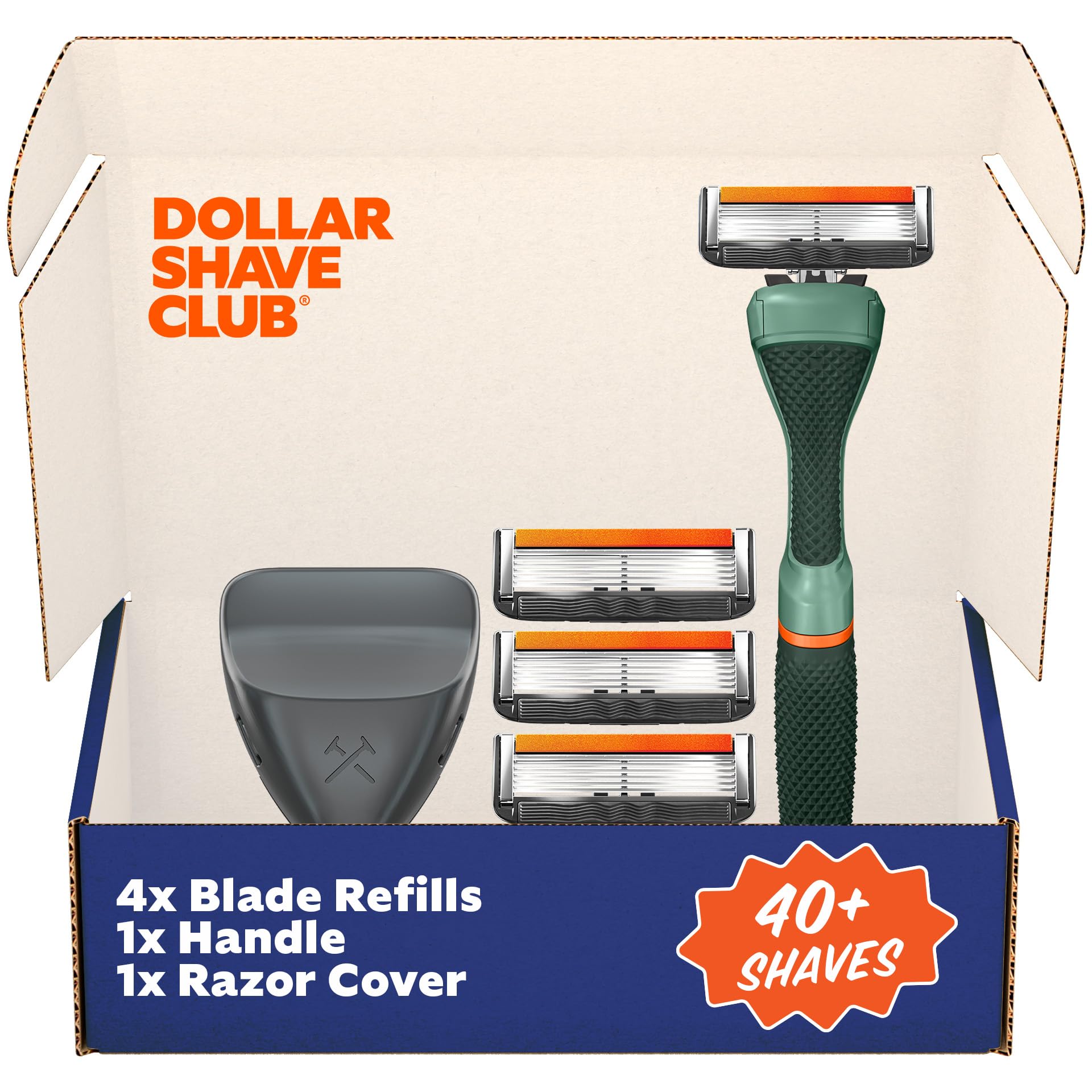 Dollar Shave Club travel set shows four-pack six-blade refills for on-the-go grooming
