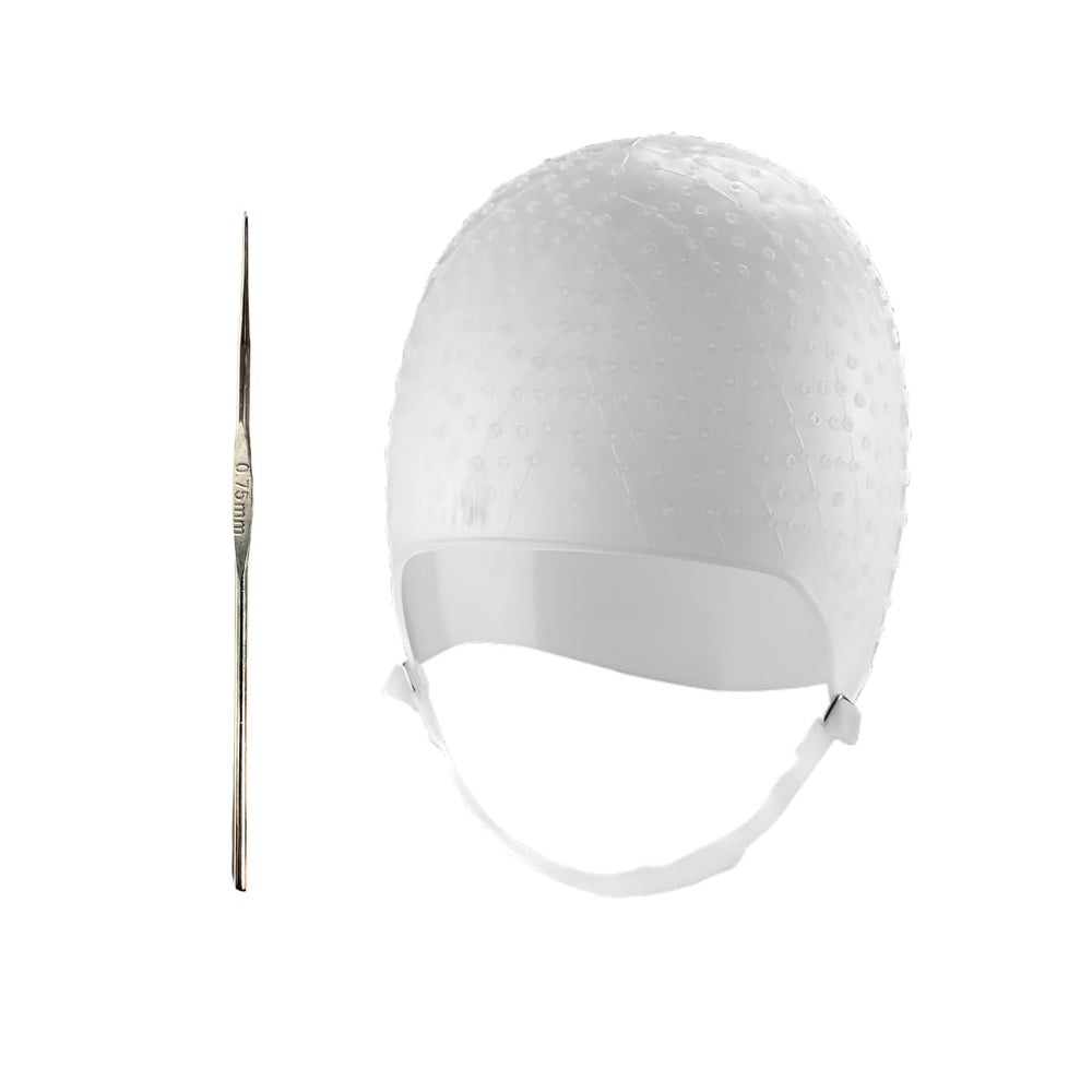 DOMPEL silicone highlight cap front view, comfortable and reusable for salon-like highlights.