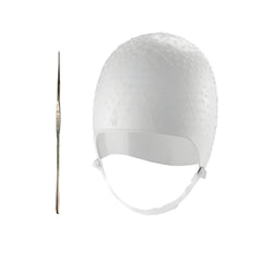 DOMPEL silicone highlight cap front view, comfortable and reusable for salon-like highlights.
