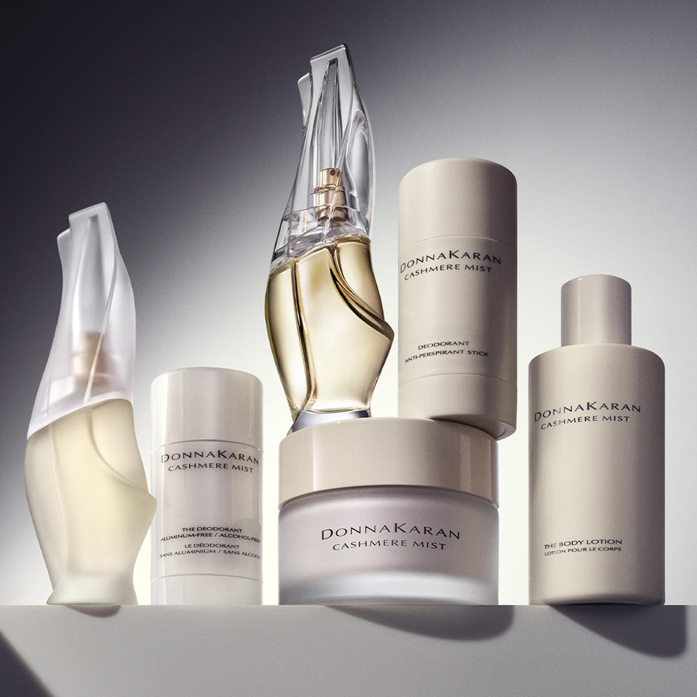 Donna Karan Cashmere Mist ingredients panel highlighting lightweight formula and skin comfort