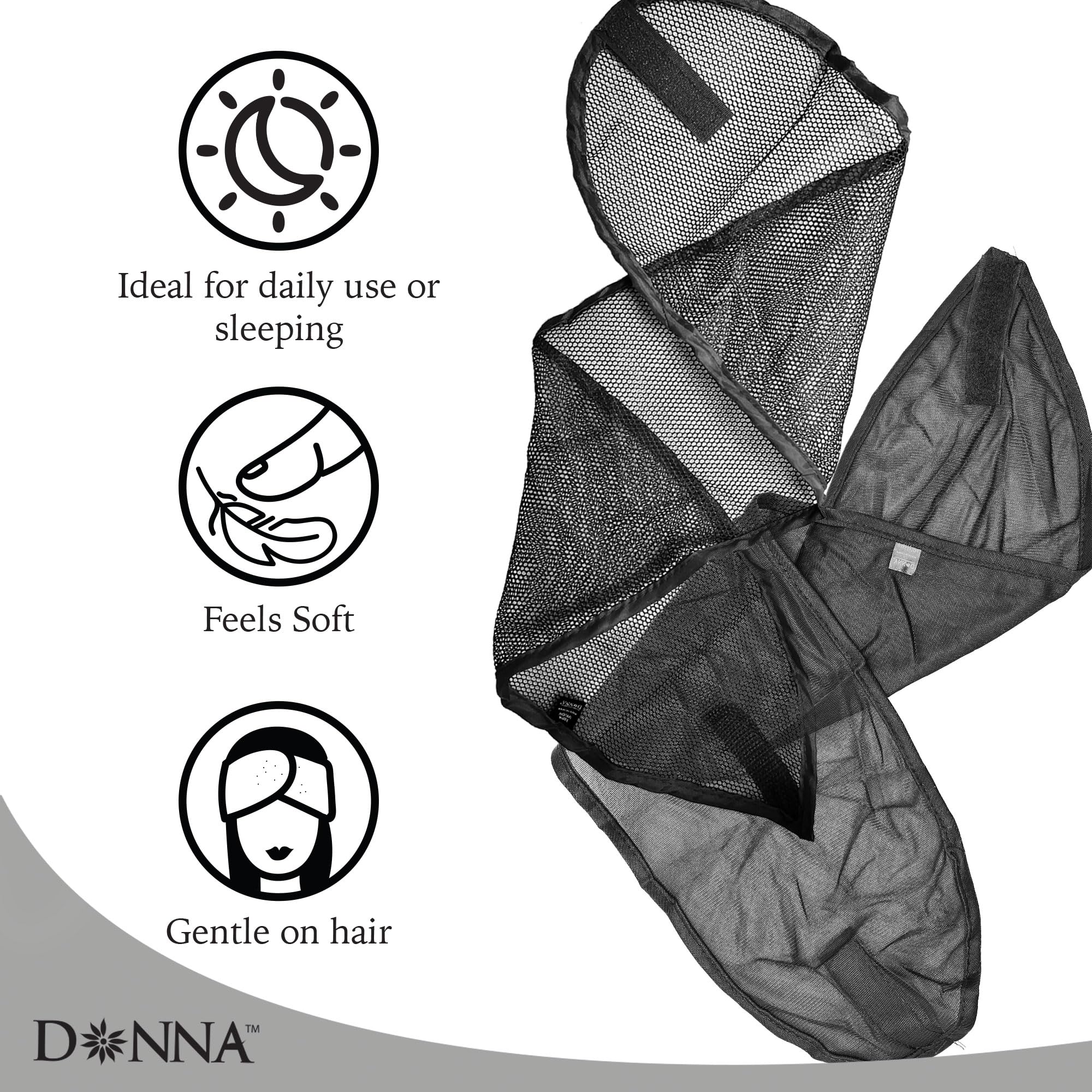 Donna pixie-cut hair wrap designed for short hair with airflow.