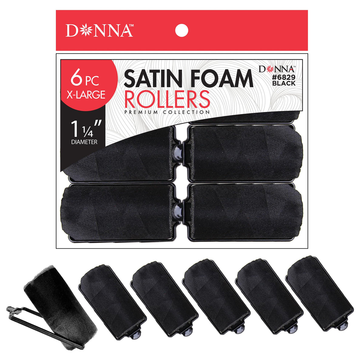 Donna Silky Satin Foam Rollers in black, packaged for gentle heatless styling.