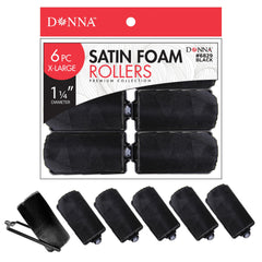 Donna Silky Satin Foam Rollers in black, packaged for gentle heatless styling.