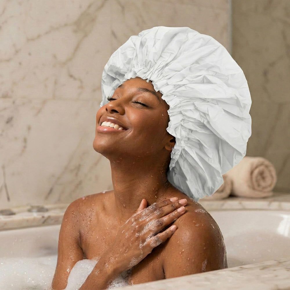 DONNA Super Jumbo Shower Cap seals moisture to protect hair in baths.