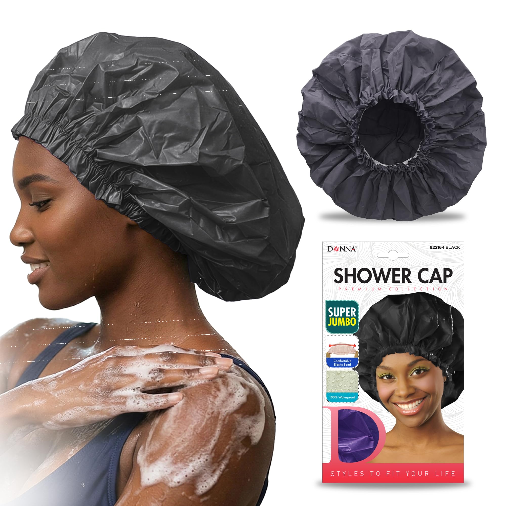 DONNA Super Jumbo Shower Cap accommodates voluminous hair with its extra-large design.