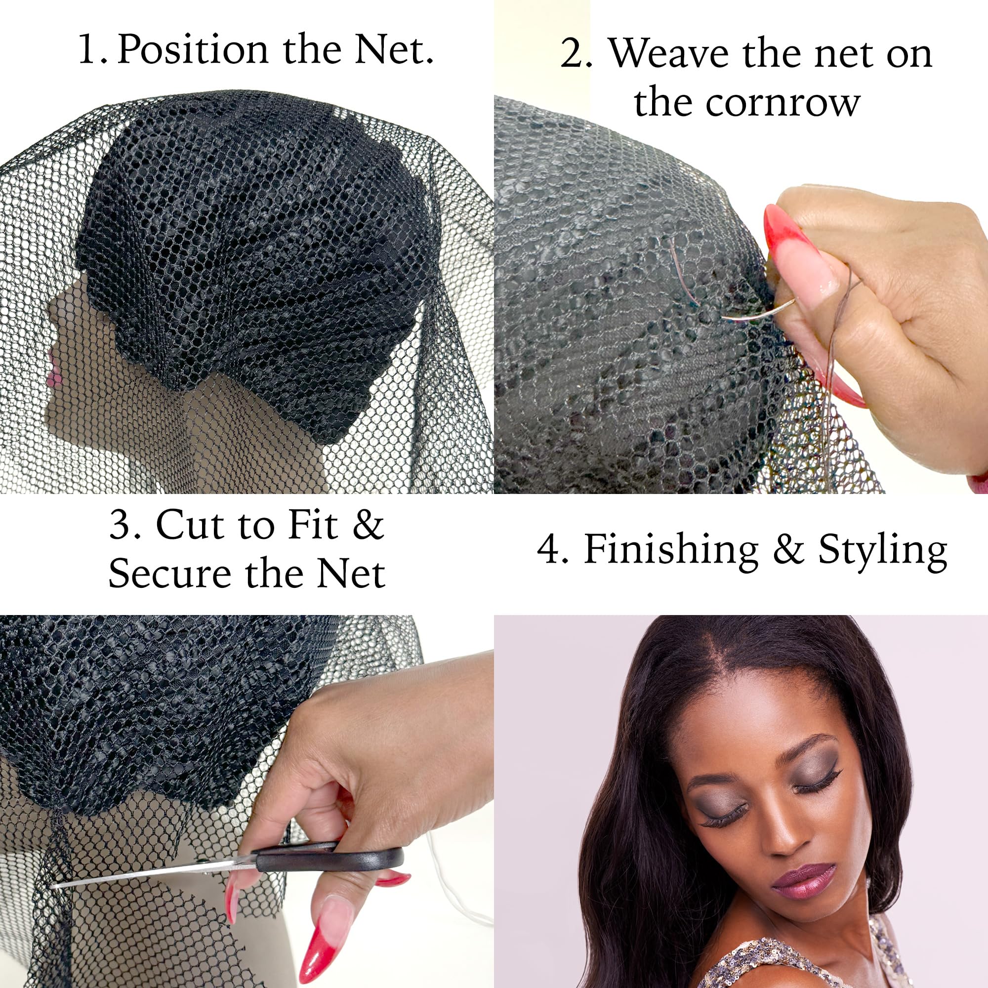 DONNA versatile net supports sew-ins, braids, and extensions with a flawless finish.