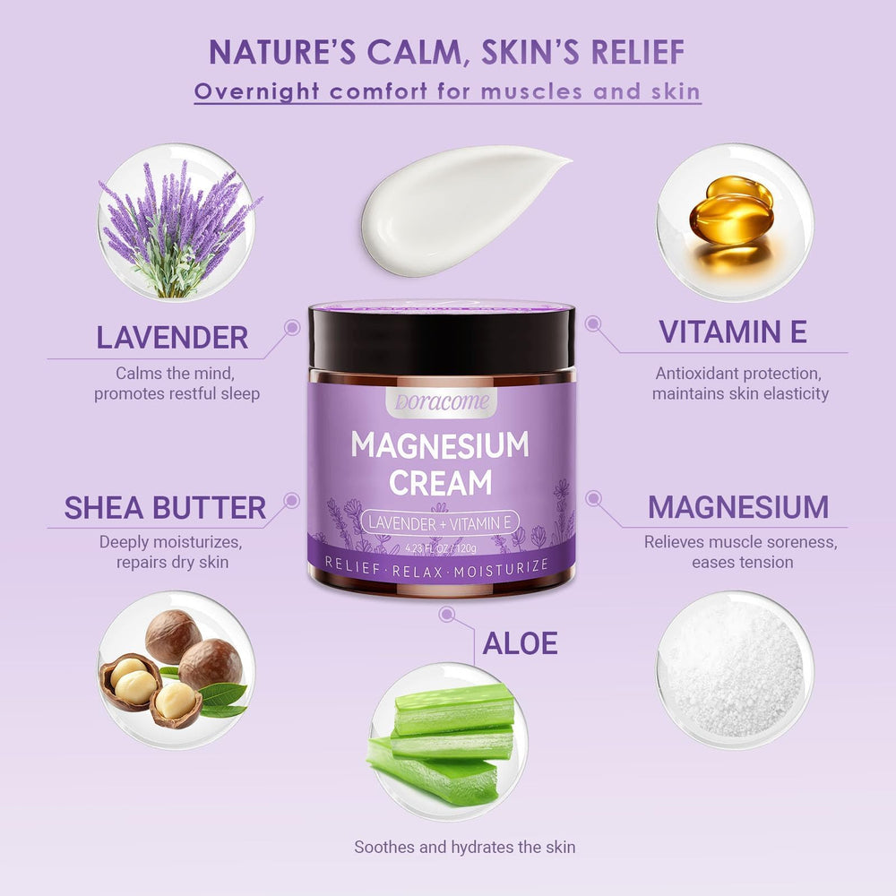 Doracome crema magnesio, uso nocturno para piernas cansadas.