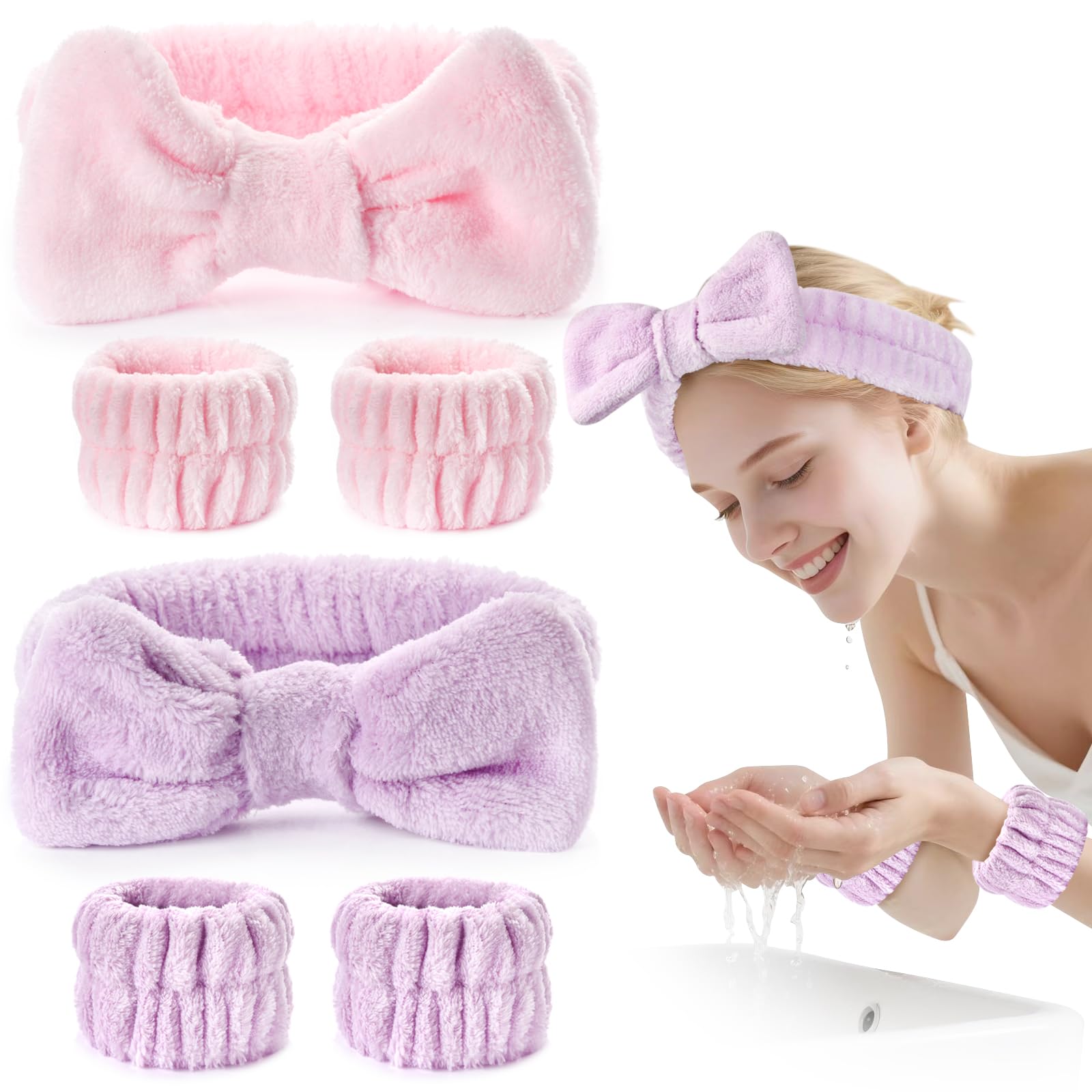 Diadema Dorbetar y muñecas rosas-lila para fijar el cabello durante la limpieza facial