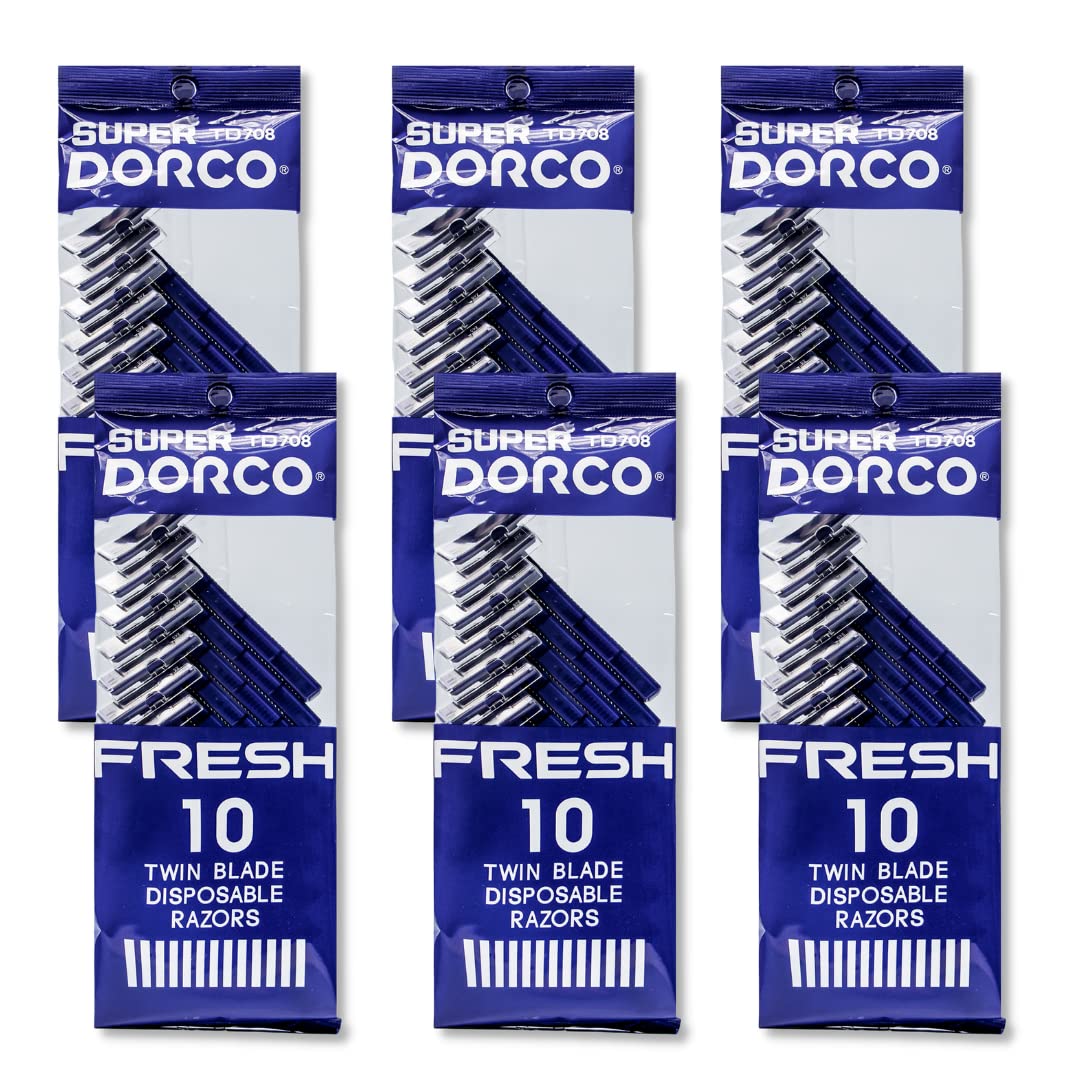 Dorco Fresh Twin Blade razor blue pack close-up showing smooth shave.