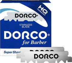 Dorco HQ super sharp single-edge blades 100-pack packshot for precise wet shaving.